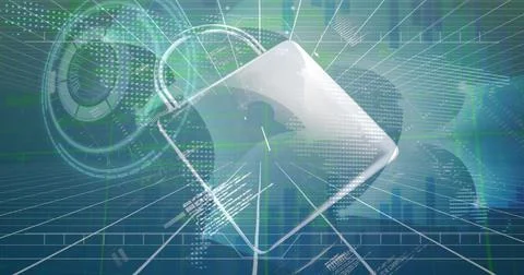 Image of data processing over padlock icon and scope scannig on blue background 스톡 일러스트