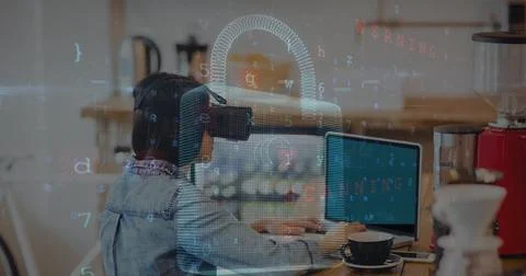 Image of data processing over padlock and biracial woman using vr headset a.. Stock Photos