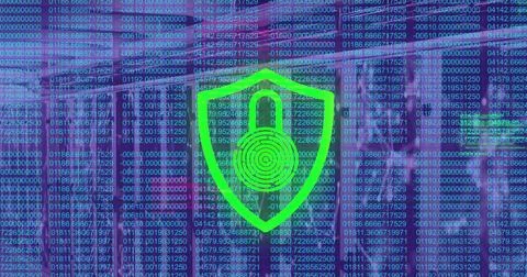 Image of data processing over padlock and server room 写真素材