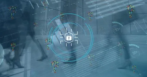 Image of data processing over padlock and people in city Stock Photos