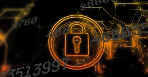 Image of data processing over padlock icon with network of connections on black 写真素材