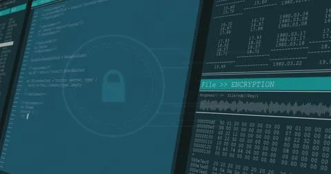 Image of data processing over padlock icon on black background 写真素材