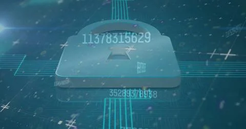 Image of data processing over padlock icon on blue background Foto stock