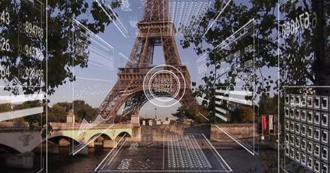 Image of data processing over paris cityscape with eiffel tower Stock Illustration