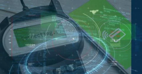 Image of data processing over payment terminal and smartphone Stock Photos