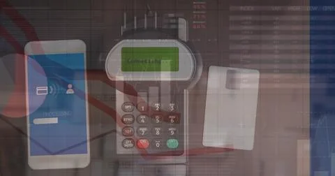 Image of data processing over payment terminal, credit card and smartphone Stock Photos