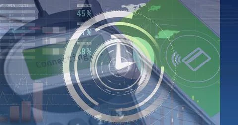 Image of data processing over payment terminal and smartphone Stock Photos