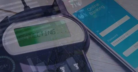 Image of data processing over payment terminal and smartphone Stock Photos