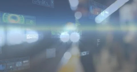 Image of data processing over people and cars on busy street Ilustração Stock