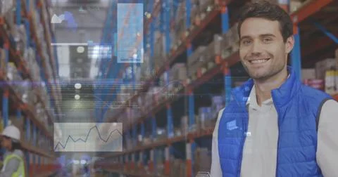 Image of data processing over people working in warehouse 写真素材