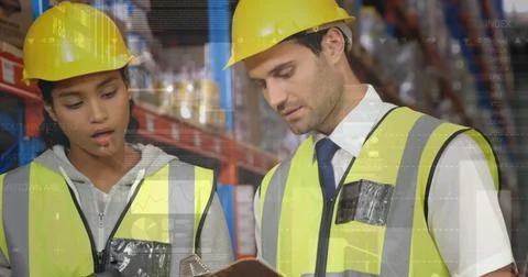 Image of data processing over people working in warehouse Stock Photos