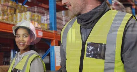 Image of data processing over people working in warehouse Foto stock