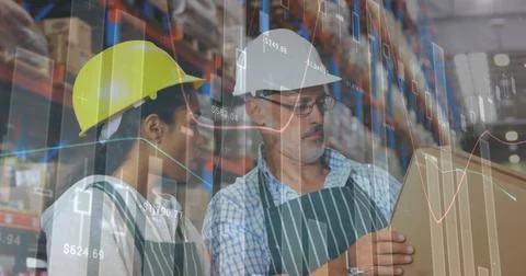 Image of data processing over people working in warehouse Foto stock
