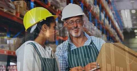 Image of data processing over people working in warehouse Foto stock