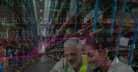 Image of data processing over people working in warehouse Stock Photos