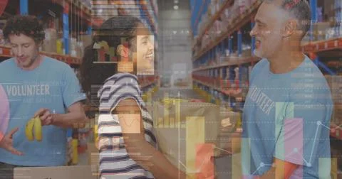 Image of data processing over people working in warehouse Stockfoto's