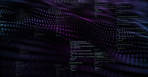Image of data processing over purple spots on black background Stock Illustration