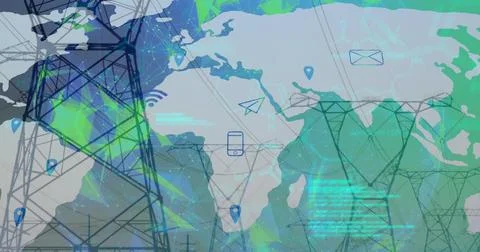 Image of data processing over pylons and world map Stock Photos
