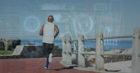 Image of data processing over rear view of african american senior man running Stock Photos