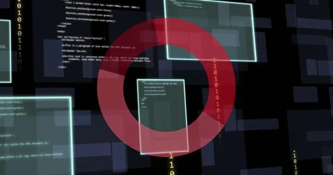 Image of data processing over red circle on balck background Stockillustratie