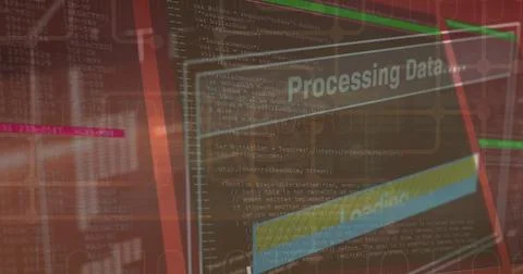 Image of data processing over red background 스톡 사진
