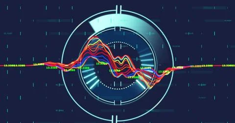 Image of data processing over round scanner against blue background Stockillustratie