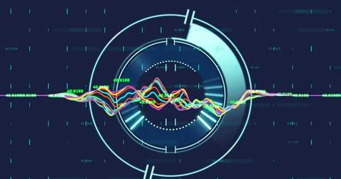 Image of data processing over round scanner against blue background Illustrazione stock