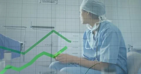 Image of data processing over sad biracial female doctor Stock Photos