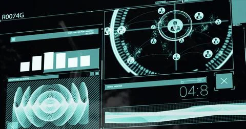 Image of data processing over scope scanning on black background Stockillustratie