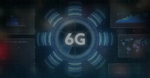 Image of data processing over scope scanning and 6g text Illustrazione stock