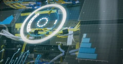 Image of data processing over scope scanning and cables of computer server Foto stock