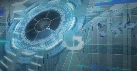 Image of data processing over scope scanning and computer servers Stock Photos