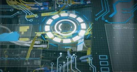 Image of data processing over scope scanning and cables of computer server Foto stock