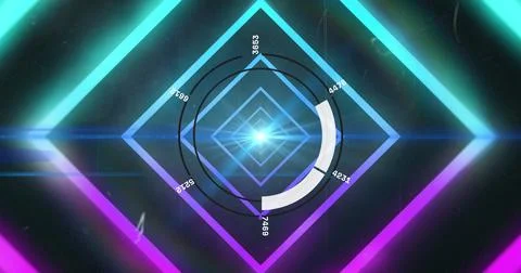 Image of data processing over scope scanning and neon pattern Foto stock