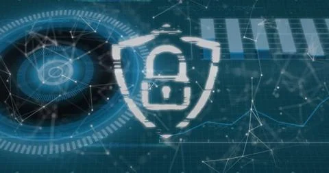 Image of data processing over scope and padlock 스톡 사진