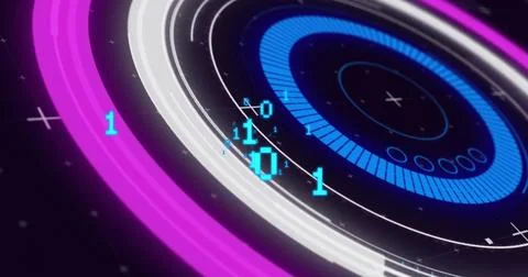 Image of data processing over scope scanning on black background Stockfoto's