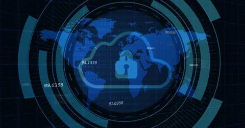 Image of data processing over scope scanning and world map with cloud Fotos de archivo