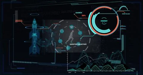 Image of data processing over scope and human running on black background Stock Photos