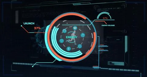 Image of data processing over scope and human running on black background 스톡 사진