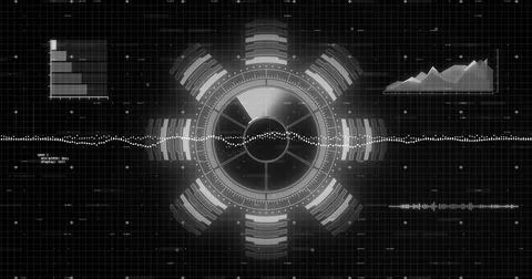 Image of data processing over scope scanning on black background Stock Photos