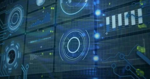 Image of data processing over scopes scanning with cables of computer server 写真素材