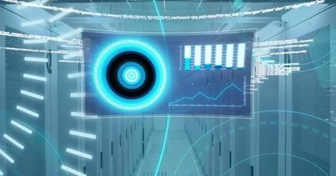 Image of data processing over screen and computer servers Stock Photos