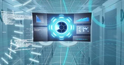 Image of data processing over screen and computer servers Foto stock