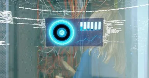 Image of data processing over screen and computer servers Foto stock