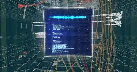 Image of data processing over screen and computer servers Foto stock