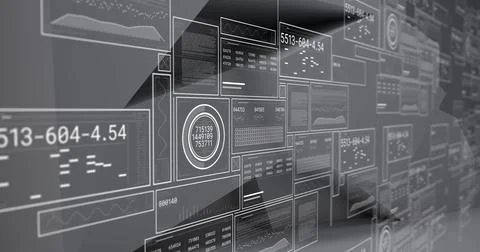 Image of data processing over screens on grey background Stock Illustration