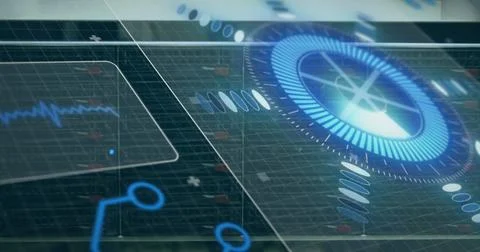 Image of data processing over screens and grid Illustrazione stock