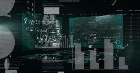 Image of data processing over screens on black background Stockfoto's