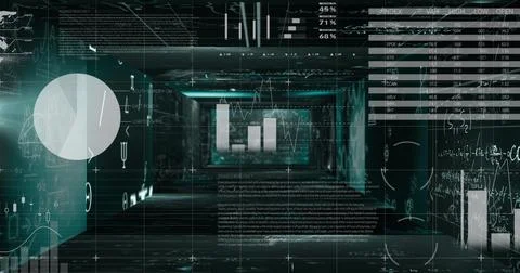 Image of data processing over screens on black background 写真素材