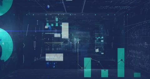 Image of data processing over screens on blue background Stock Photos